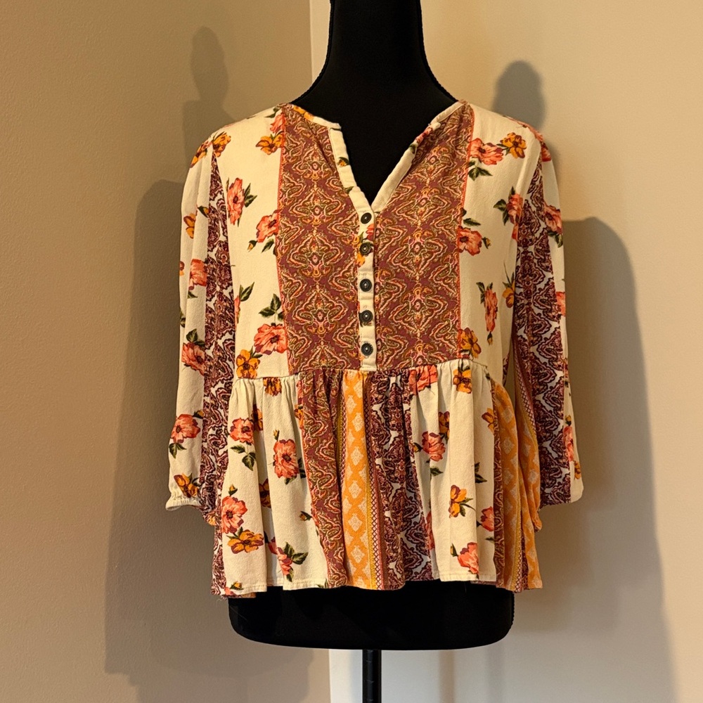 Blue Rain Cream Patchwork Peasant Blouse with Mustard & Rust Panels